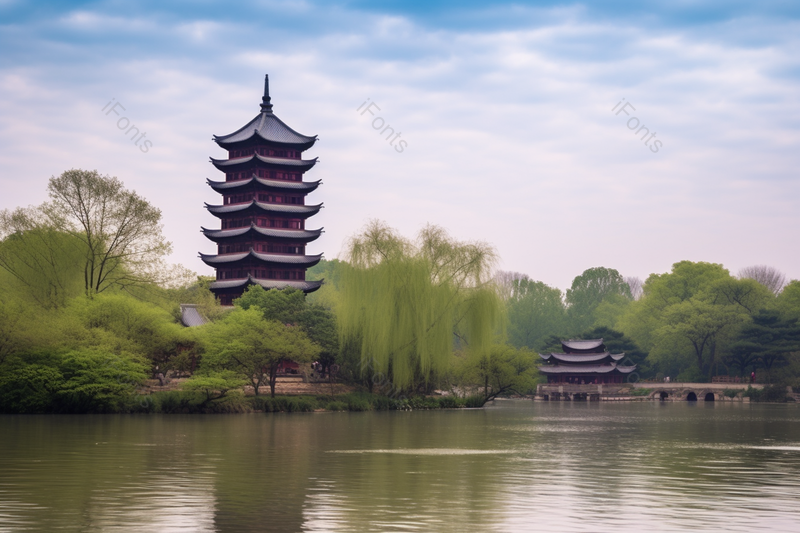 公园里坐落在湖边的古建筑楼塔,高清,摄影图,摄影图片,图片大全,摄影图免费下载